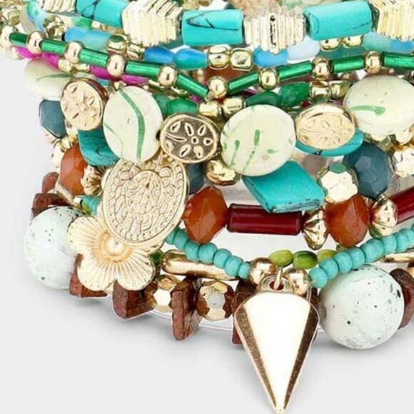 12PCS - Coin Flower Charm Wood Multi Beaded Stretch Bracelets  Item:  Bracelet S - Picture 3 of 7